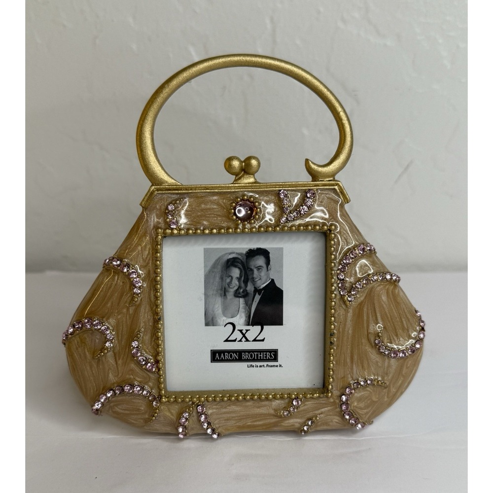 Aaron Brothers Small Picture Frame Purse Pearly Enamel Rhinestones 2x2 Photo New